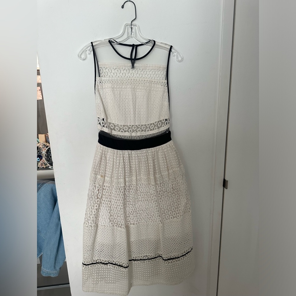 White Lace Midi Dress with Black Details
